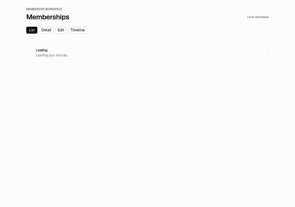 React Membership list, detail, form and timeline recording in light and dark themes