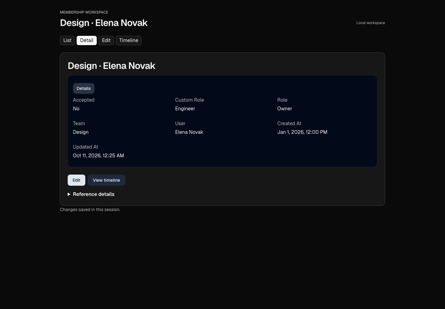 React Membership detail in dark theme, desktop capture