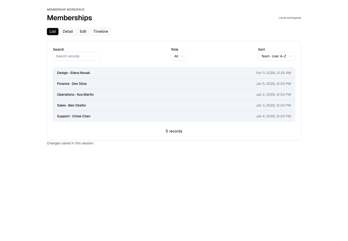 React Membership list in light theme, still shown before recording playback
